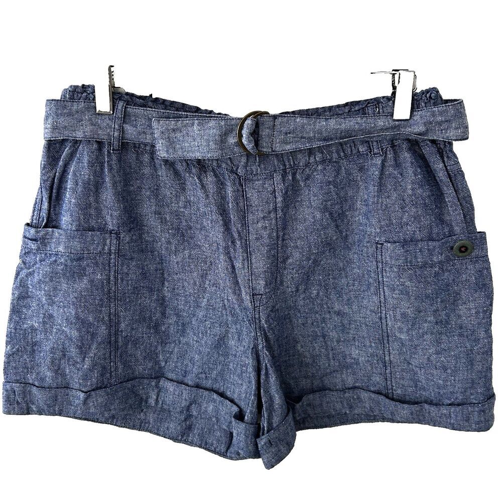 Anthropologie Hei Hei Shorts Size Medium Linen Cotton Blue Belted Pockets - Picture 2 of 10